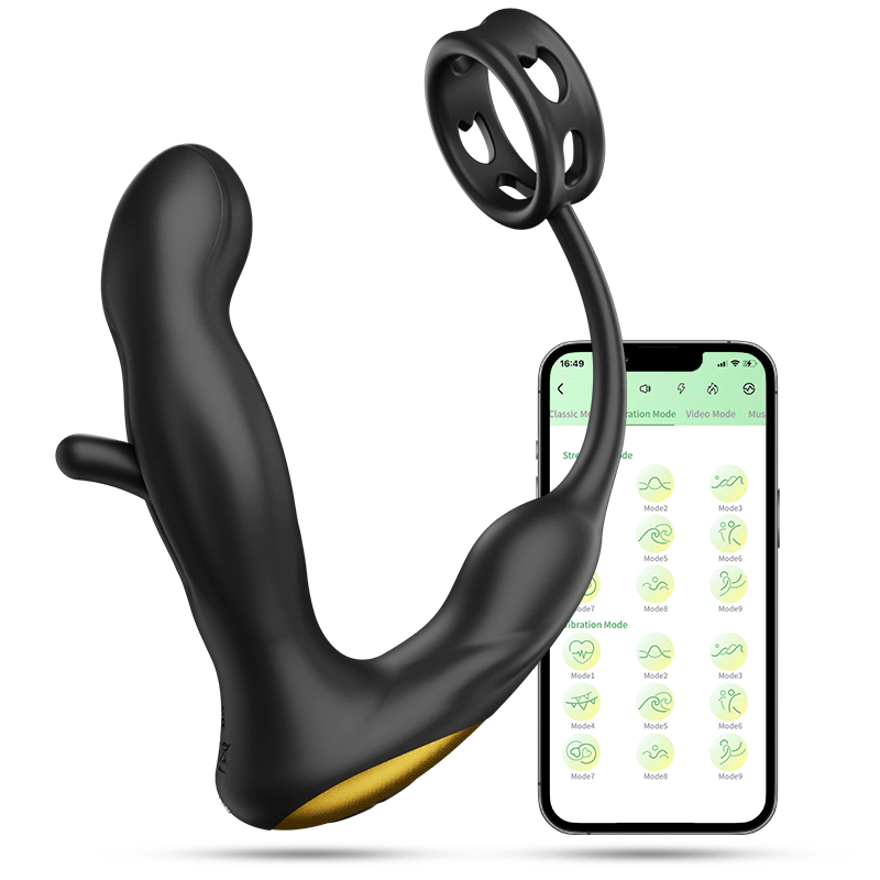 Hollow Flapping Vibrating Silicone Prostate Massager with Cock Ring