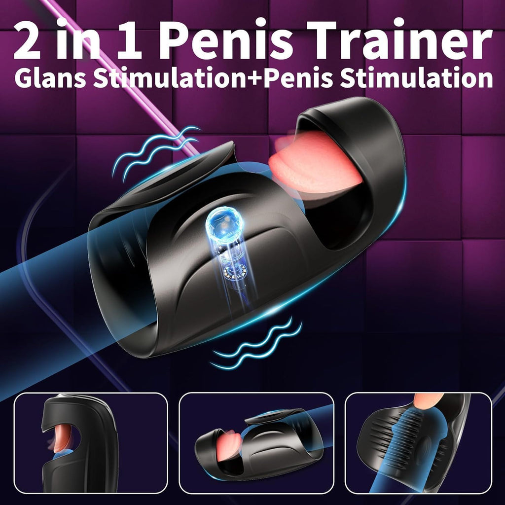 Automatic Male Masturbator - 10 Vibrating Tongue Patterns Dual Action Penis Training Vibrator, Vibrating Stimulator, Glans Penis Trainer, Male Adult Sex Toys, Penis Trainer, Black